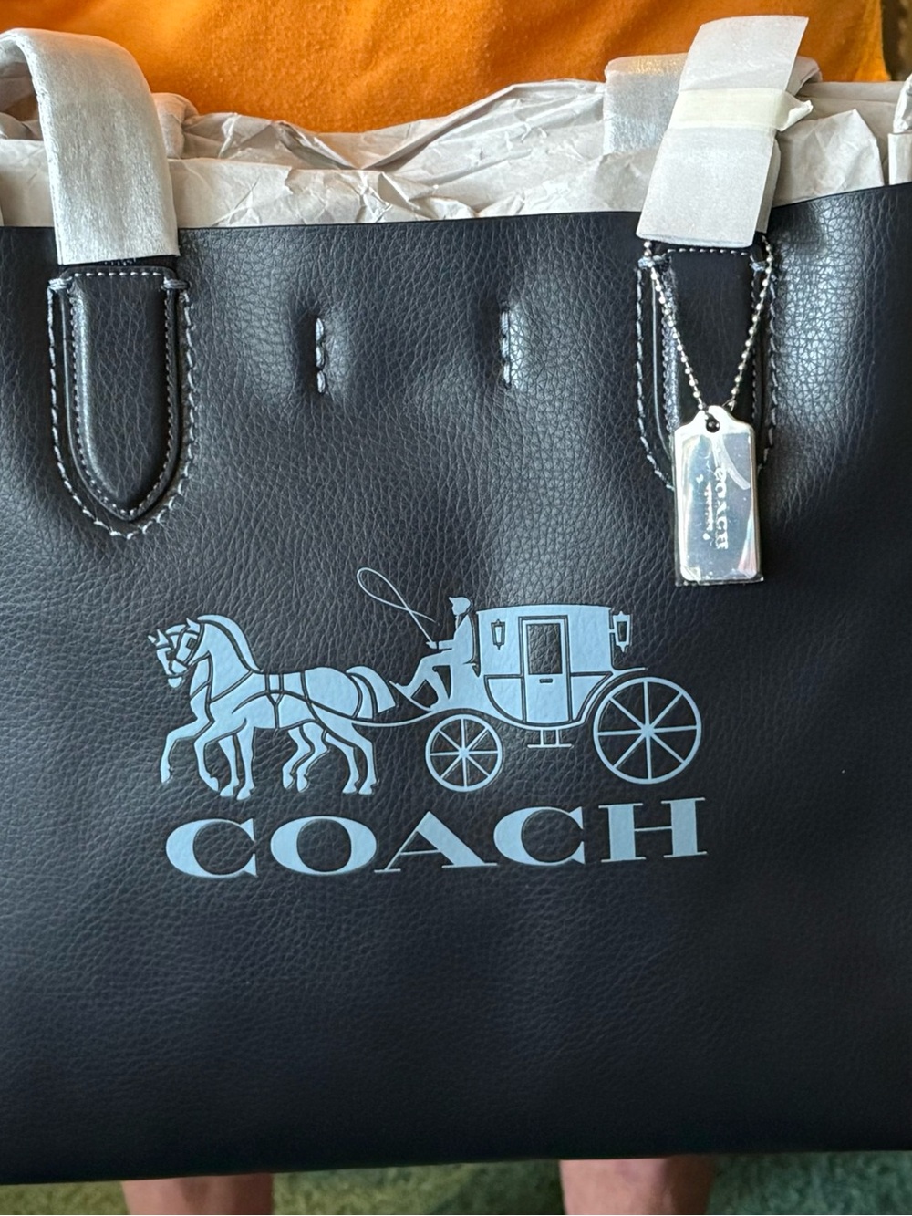 COACH Black Leather Shoulder Bag with Light Blue Coach Logo